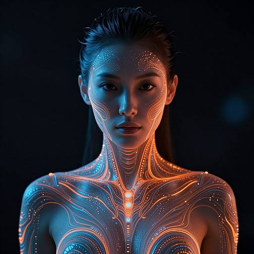 Photograph of a woman with glowing neon orange and blue patterns on her face and shoulders, against a dark background. Her expression is neutral, and her