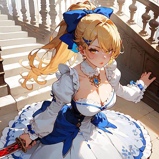 Annoyed Blonde Swordwoman on Mansion Staircase