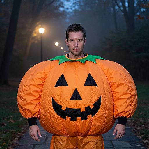 Photograph of a man with short brown hair wearing an oversized, bright orange pumpkin costume with a green collar and black jack-o'-lantern face,