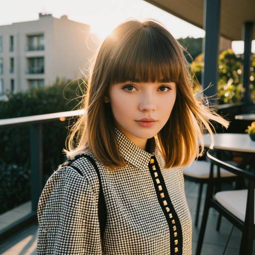 Young Woman with Textured Bangs on Outdoor Terrace