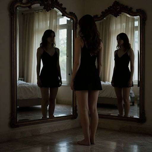 Silhouetted woman in black dress stands before ornate mirror, reflecting her image in dimly lit bedroom with curtains. Photograph.