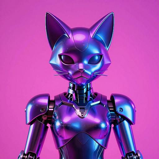 Photorealistic CGI of a metallic, purple-blue, anthropomorphic cat robot with glowing pink background, featuring sharp ears, black eyes, and armored shoulders