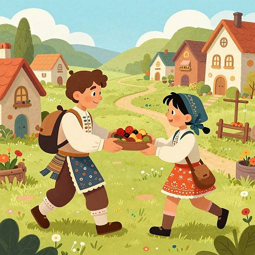 Cartoon-style image of a brown-haired boy and a black-haired girl exchanging a fruit basket in a vibrant, sunny, rural village.