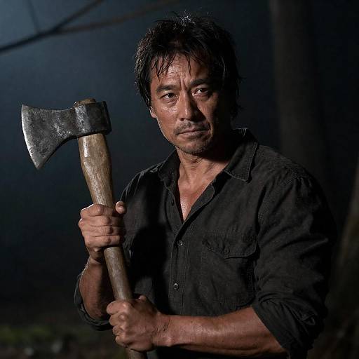 Rugged man holding axe in dark forest
