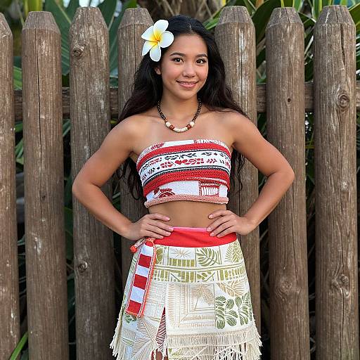 Photograph of a young Latina woman with long black hair, white flower in hair, wearing a red-white patterned strapless top and white fringe skirt