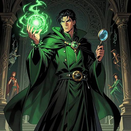 Digital art of a dark-haired wizard in a green cloak, holding glowing green magic in one hand, a blue orb in the other, in a grand