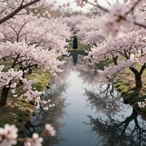 Photograph of a serene cherry blossom-lined path reflected in a calm river, with soft pink flowers and clear blue sky.
