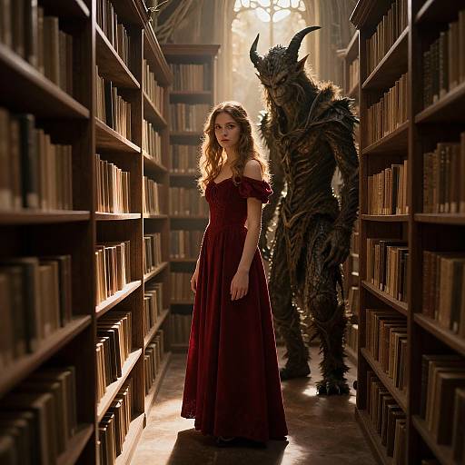 Photograph of a young woman in a red, off-shoulder dress standing in a sunlit library aisle, with a menacing, horned,
