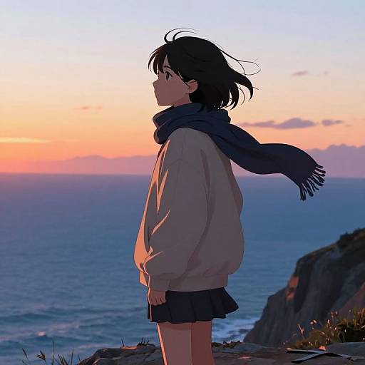 Anime Girl on Cliff at Sunset