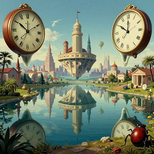 Fantasy landscape with floating clocks, reflective river, medieval castle, and whimsical buildings under a clear blue sky, surrounded by palm trees and balloons.