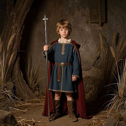 Photograph of a young boy in medieval attire, holding a cross-tipped staff, standing in a dark, rustic, grassy forest setting.