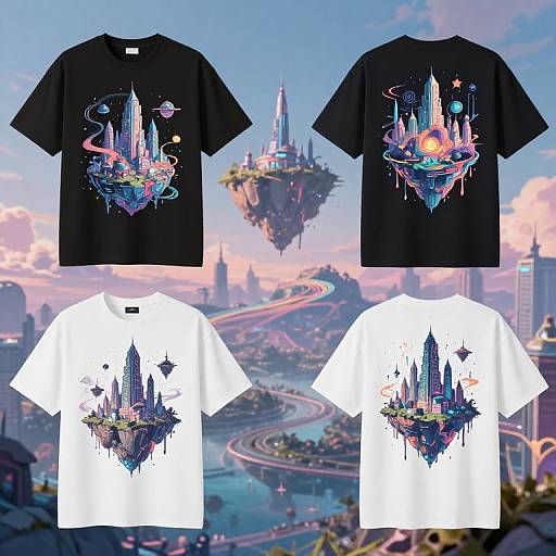 Photograph of two black and two white T-shirts featuring a vibrant, futuristic cityscape with floating islands and colorful cosmic elements. Background shows a fantastical