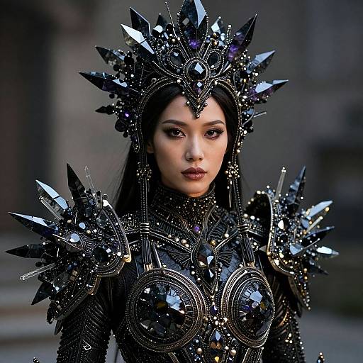Photorealistic digital artwork of an Asian woman with pale skin, wearing an elaborate, black, crystal-embellished crown and armor, set against