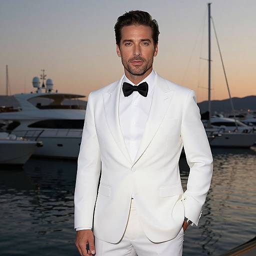 Photograph of a handsome man with dark hair and beard, wearing a white tuxedo with black bow tie, standing in front of a marina