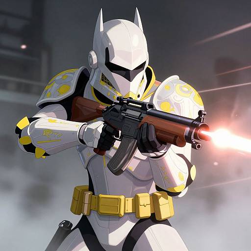Digital art of a white armored superhero with yellow accents firing a glowing red laser gun, set against a dark, foggy background.