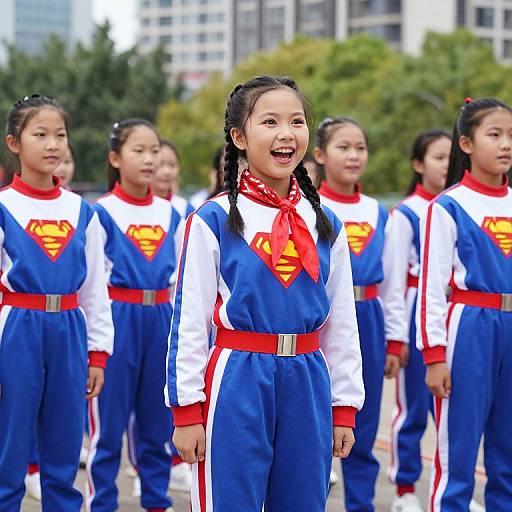 Photograph of six Asian schoolgirls in blue and white Superboy costumes with red accents, smiling outdoors, urban background.