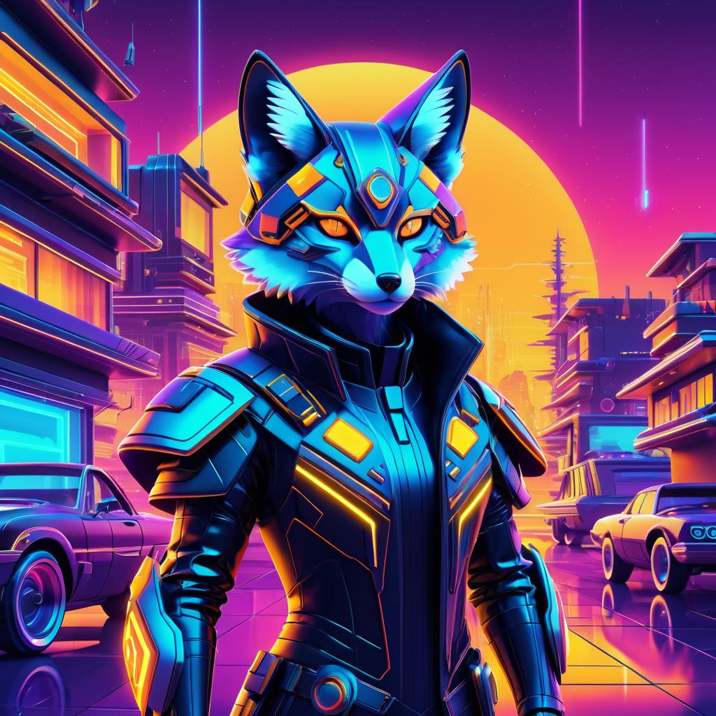 Cybernetic Fox in Retro-Futuristic Sunset