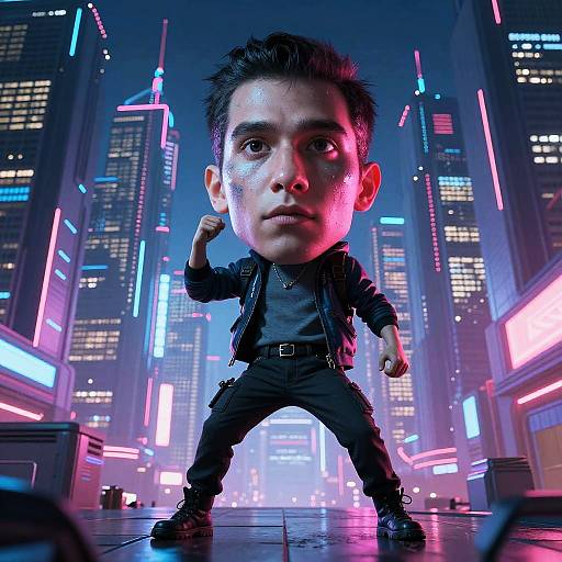 Chibi-style digital art of an Asian boy in a black leather jacket and pants, flexing muscles in a neon-lit, cyberpunk cityscape