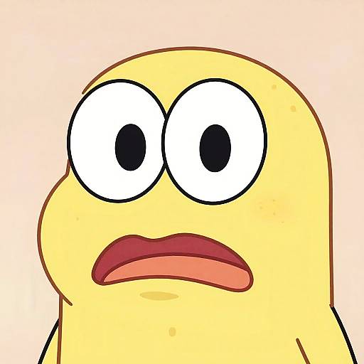 Cartoon drawing of a yellow, round-headed character with wide, black-eyed stare and open, red-lipped mouth against a pale pink background.