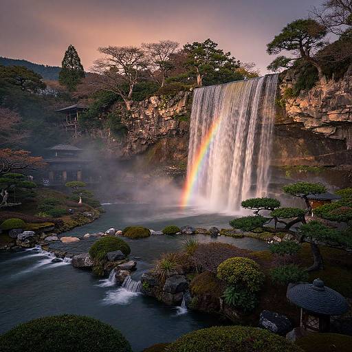Photograph of a serene Japanese garden with a cascading waterfall, illuminated by a rainbow, surrounded by meticulously pruned trees and traditional pagodas at