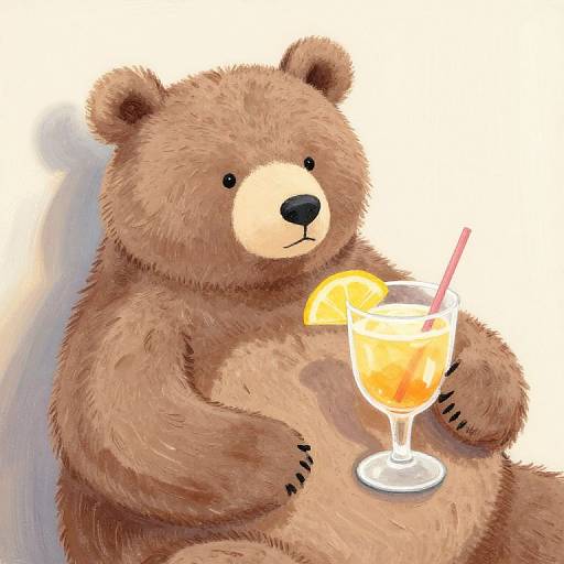 Digital illustration of a fluffy brown bear with black eyes and nose, holding a glass of orange drink with a lemon slice and pink straw.