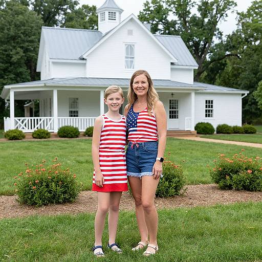 Photograph of two smiling blonde girls in red and white striped tops, one with denim shorts and the other with a star-spangled vest, standing in