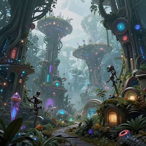 Fantasy CGI artwork of a glowing, mystical forest with towering, bioluminescent, futuristic treehouses, vibrant neon lights, and whimsical,