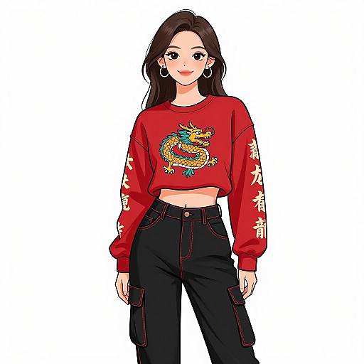 Digital anime-style illustration of a smiling young woman with long brown hair, wearing a red dragon sweater and black cargo pants.