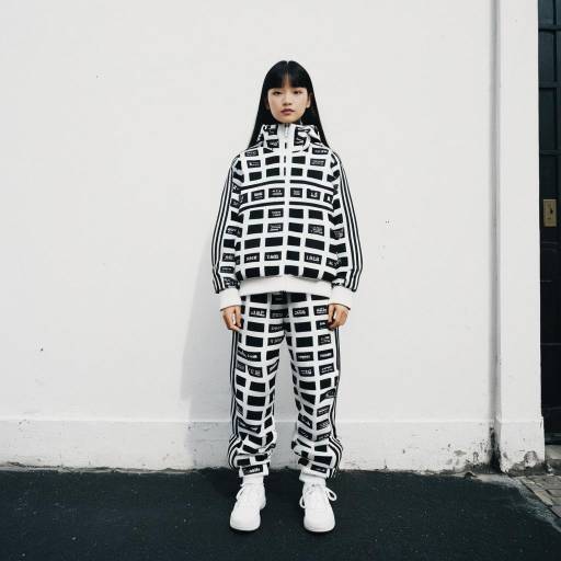 Asian Woman in Black and White Block Print Tracksuit