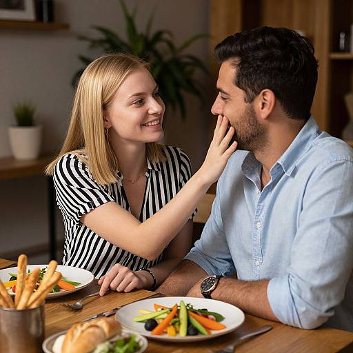 Photograph of a smiling blonde woman in a black-and-white striped shirt gently touching the face of a dark-haired man in a light blue shirt at a