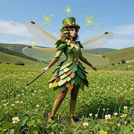 Photograph of a fairy-like woman in a green leafy dress, top hat, and insect wings, standing in a sunny meadow.