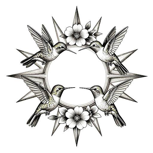 Vintage Geometric Sunburst Hummingbird Etching