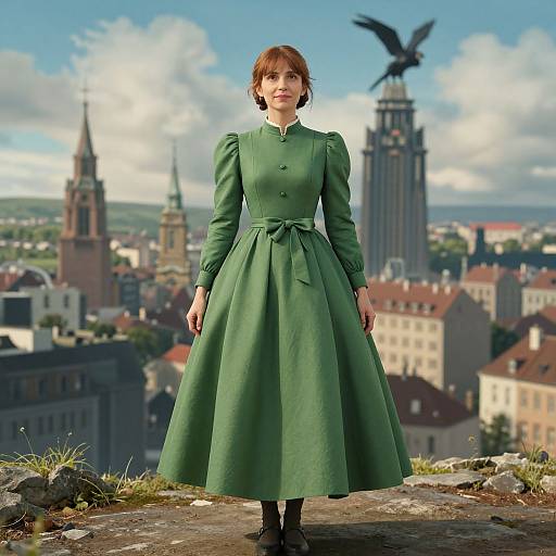Photograph of a red-haired woman in a green, long-sleeve, puffed-sleeve dress with a bow, standing on a rocky