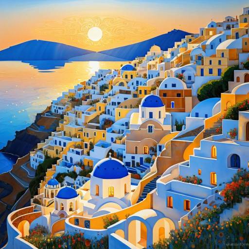 Santorini Sunrise Painting in Gustav Klimt Style