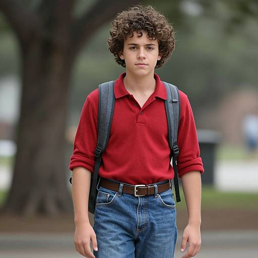 Photograph of a young, curly-haired boy with fair skin, wearing a red polo, blue jeans, brown belt, and black backpack, standing in