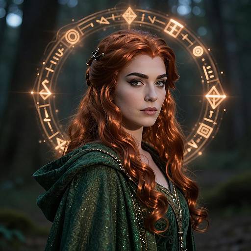 Digital artwork of a red-haired woman with glowing magic circle in forest, wearing green, sparkly cloak, looking confidently forward.