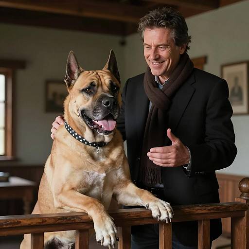 Cheerful Man and His Muscular Dog