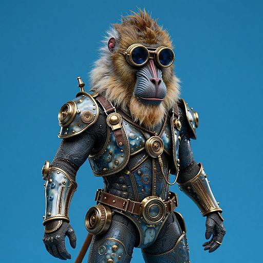 Digital artwork of a futuristic baboon warrior with metallic armor, brown fur, gold goggles, and blue background. Steampunk-inspired design.