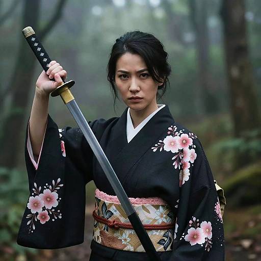 Asian Woman in Kimono Holding Katana in Forest