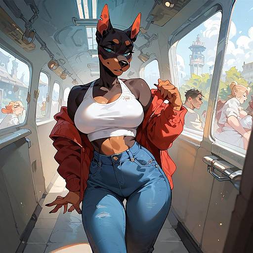 Anthropomorphic Doberman Female in Subway