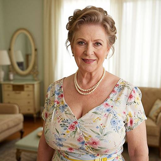 Photograph of a smiling middle-aged woman with short, styled brown hair, wearing a floral dress, pearl necklace, and earrings, standing in a sun