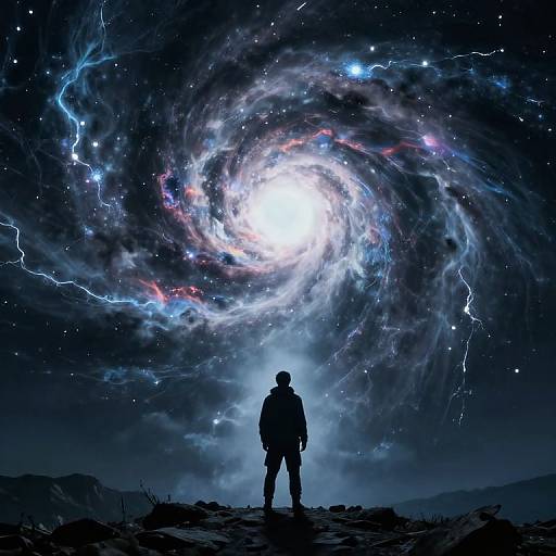 Digital artwork of a silhouetted figure standing in a rocky landscape, gazing at a radiant, swirling galaxy with lightning bolts and stars in a