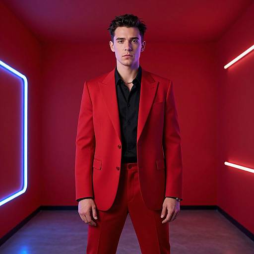 Photograph of a serious-looking man with short dark hair, wearing a vibrant red suit and black shirt, standing in a neon-lit red room.