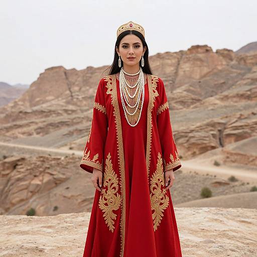 Photograph of a woman in a red, gold-embroidered traditional dress and headpiece, standing in a desert with rocky hills, adorned with