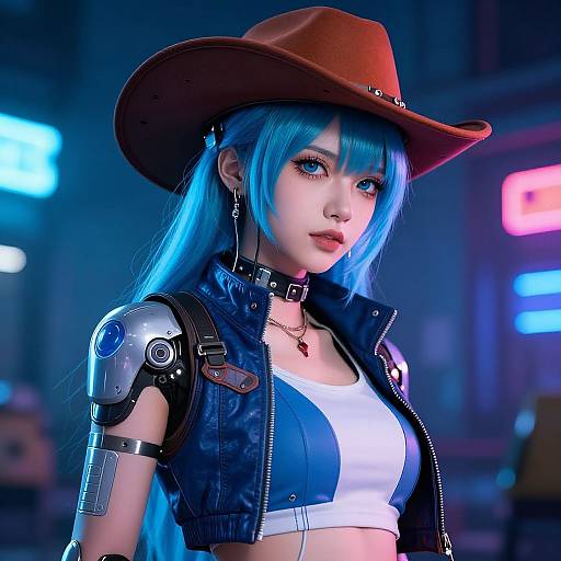 CGI digital art of a blue-haired woman in a cowboy hat, cyberpunk outfit with robotic shoulder, neon-lit urban background.