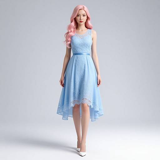 Photograph of a young woman with long pink hair wearing a light blue lace, knee-length dress and white high heels, standing against a plain white background