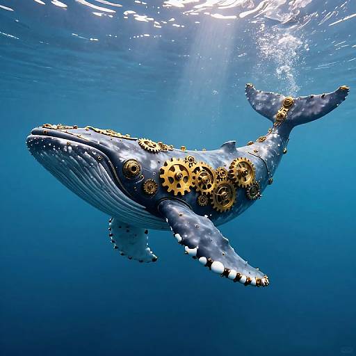 Photograph of a steampunk-style blue whale with gold gears and cogs on its body, swimming underwater in deep blue ocean.