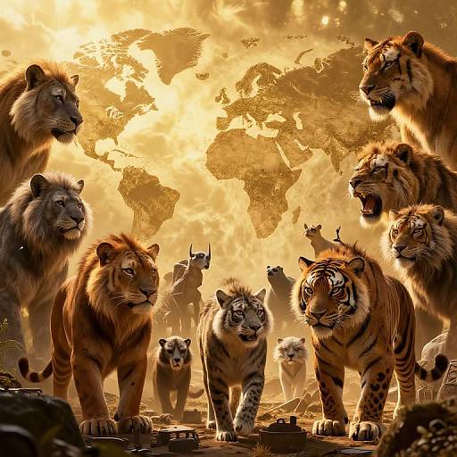 Photograph-style CGI of majestic lions and tigers with fiery yellow-orange sky and silhouetted world map in background, standing on rocky terrain.