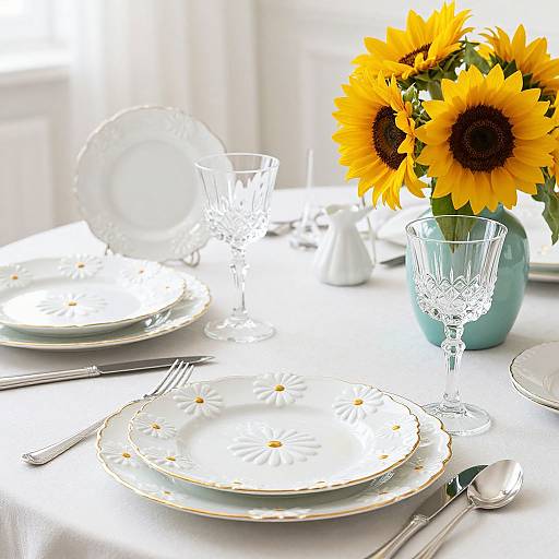 Brightly lit table setting with white plates, gold accents, crystal glasses, silver utensils, and a vibrant sunflower vase in a blue pot.