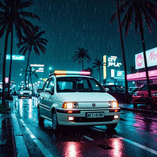 White Fiat Multipla Police Car in Rainy Neon City